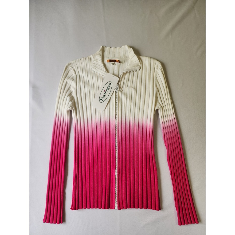 Belldini Ombre Ribbed Zip Front Cardigan Pink White Rhinestone Mock Neck Large